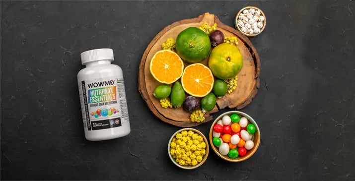 WOWMD NutriMax Essentials best multivitamin bottle with fresh fruits and natural ingredients