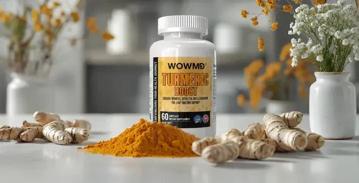 WOWMD Turmeric Boost supplement bottle with fresh turmeric roots and powder for joint health and inflammation relief 